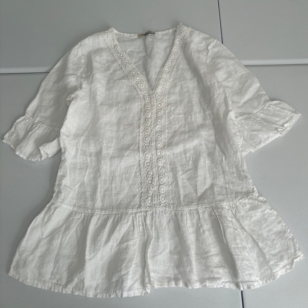 Francesca Bettini Italy White Linen Lace Boho Tunic Peplum Blouse Top Medium xx - Picture 2 of 7